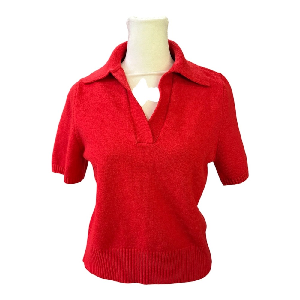 Marled Red Short Sleeve Polo Sweater V-Neck Knit Top XS